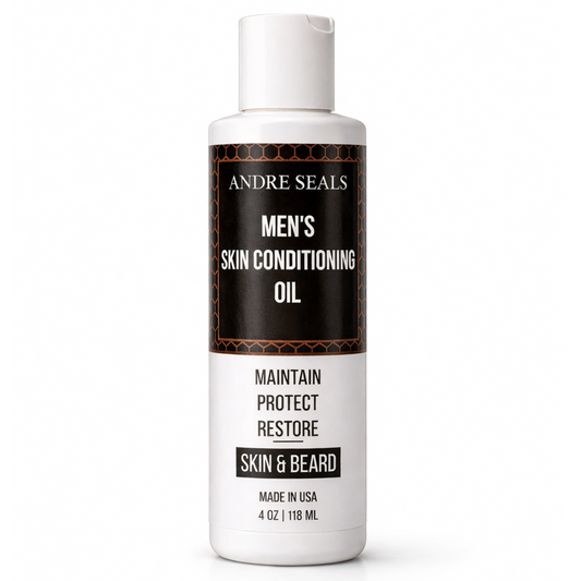 Bottle of Andre Seals Men's Skin Conditioning Oil on a white background