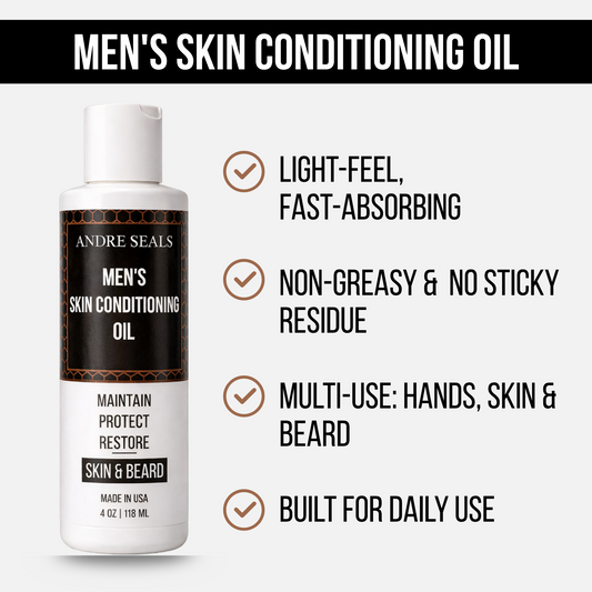 Bottle of Andre Seals Men's Skin Conditioning Oil with features listed on a white background