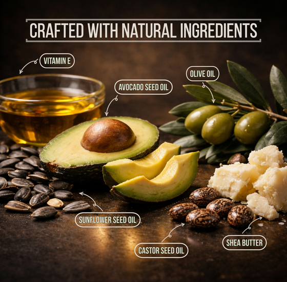 Ingredients used in Andre Seals Men's Skin Conditioning Oil, including avocado seed oil, olive oil, sunflower seed oil, castor seed oil, shea butter, and vitamin E, on a dark background.
