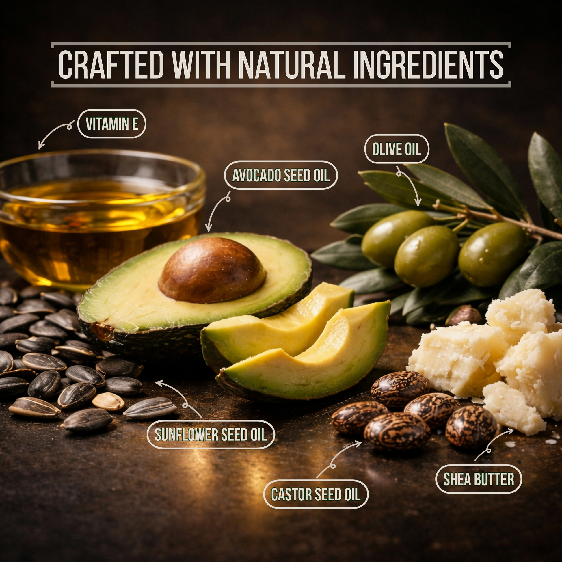 Ingredients used in Andre Seals Men's Skin Conditioning Oil, including avocado seed oil, olive oil, sunflower seed oil, castor seed oil, shea butter, and vitamin E, on a dark background.