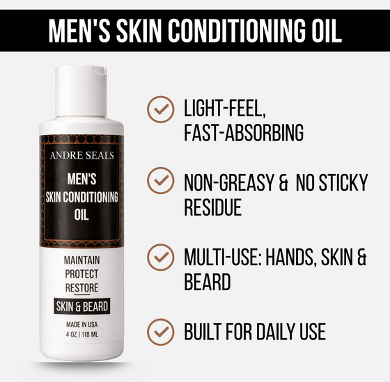 Bottle of Andre Seals Men's Skin Conditioning Oil with features listed on a white background