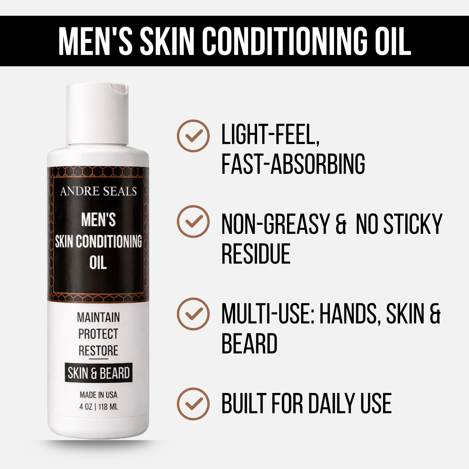 Bottle of Andre Seals Men's Skin Conditioning Oil with features listed on a white background